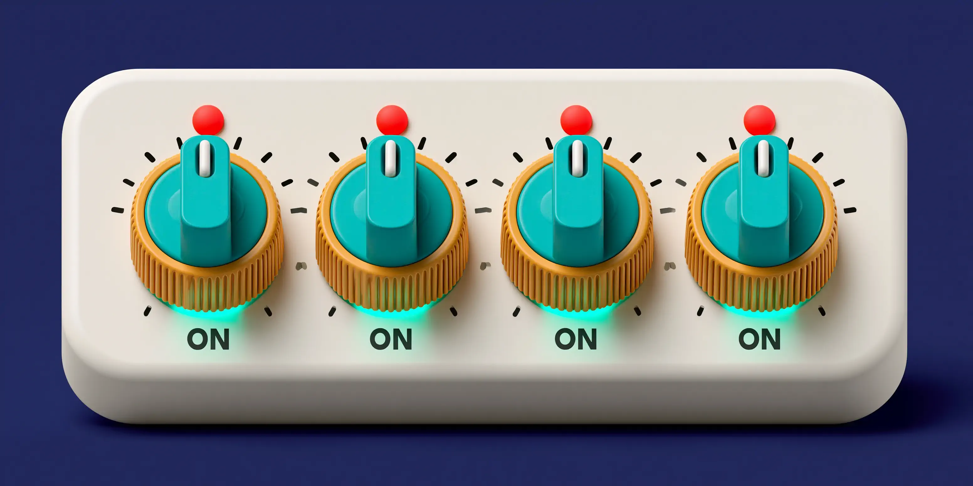 A matte control panel for GDPR-compliant AI customer service: four teal switches flipped 'on' (AI disclosure, consent, EU data residency and a right to a human)