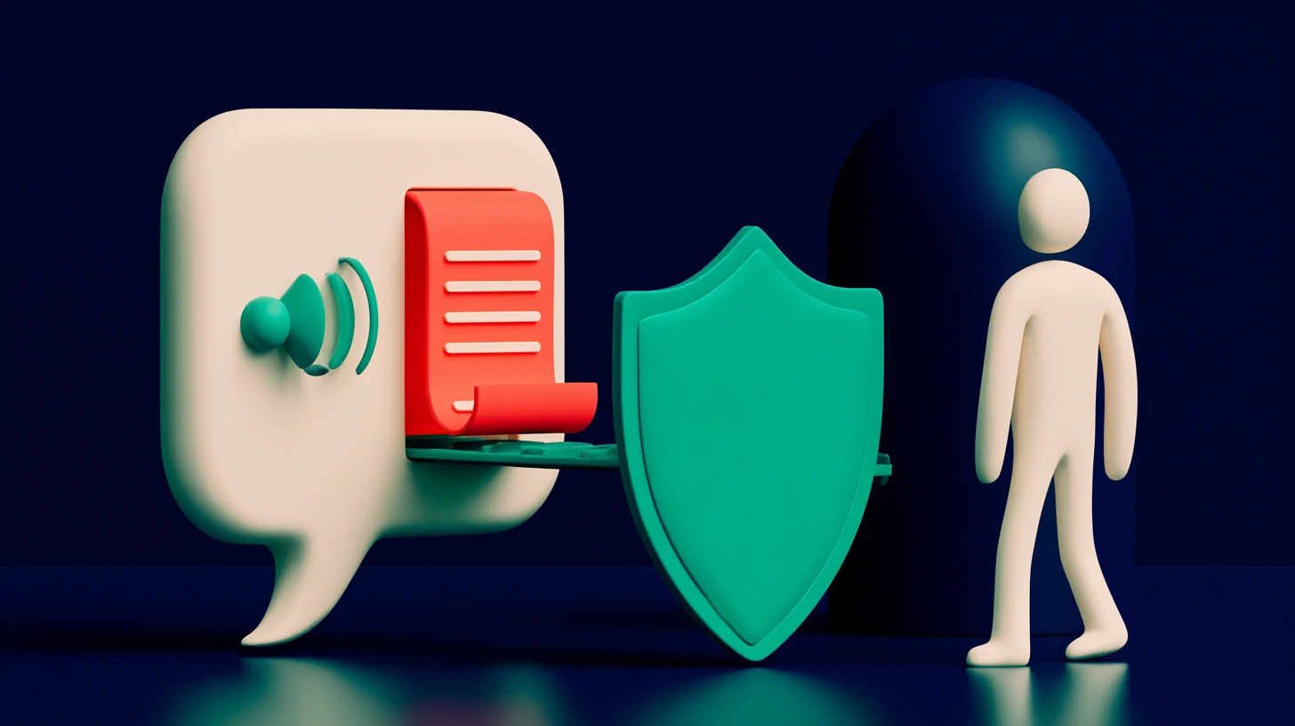 GDPR-compliant AI customer service: a clay conversation flows from an AI speaker to a human silhouette, with a teal shield of safeguards halfway along the path