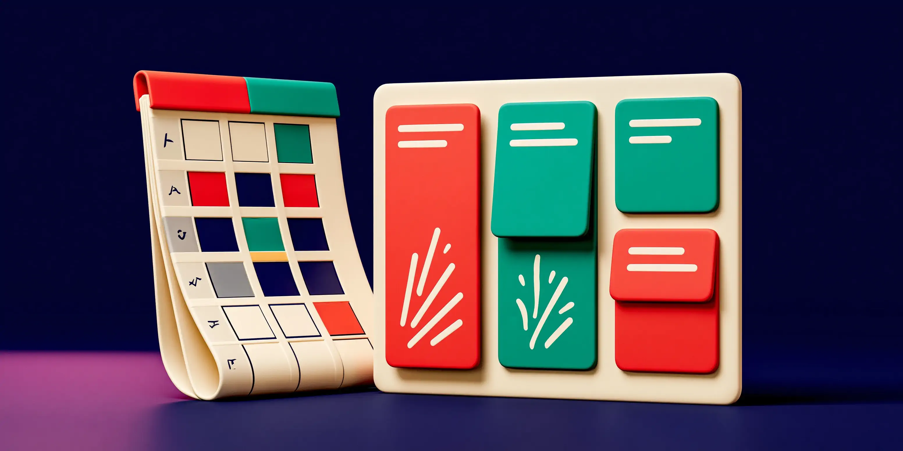 Moving from Excel to a CRM illustrated as a gray clay spreadsheet crumbling into cells while a coral and teal lead board catches them neatly on a navy background