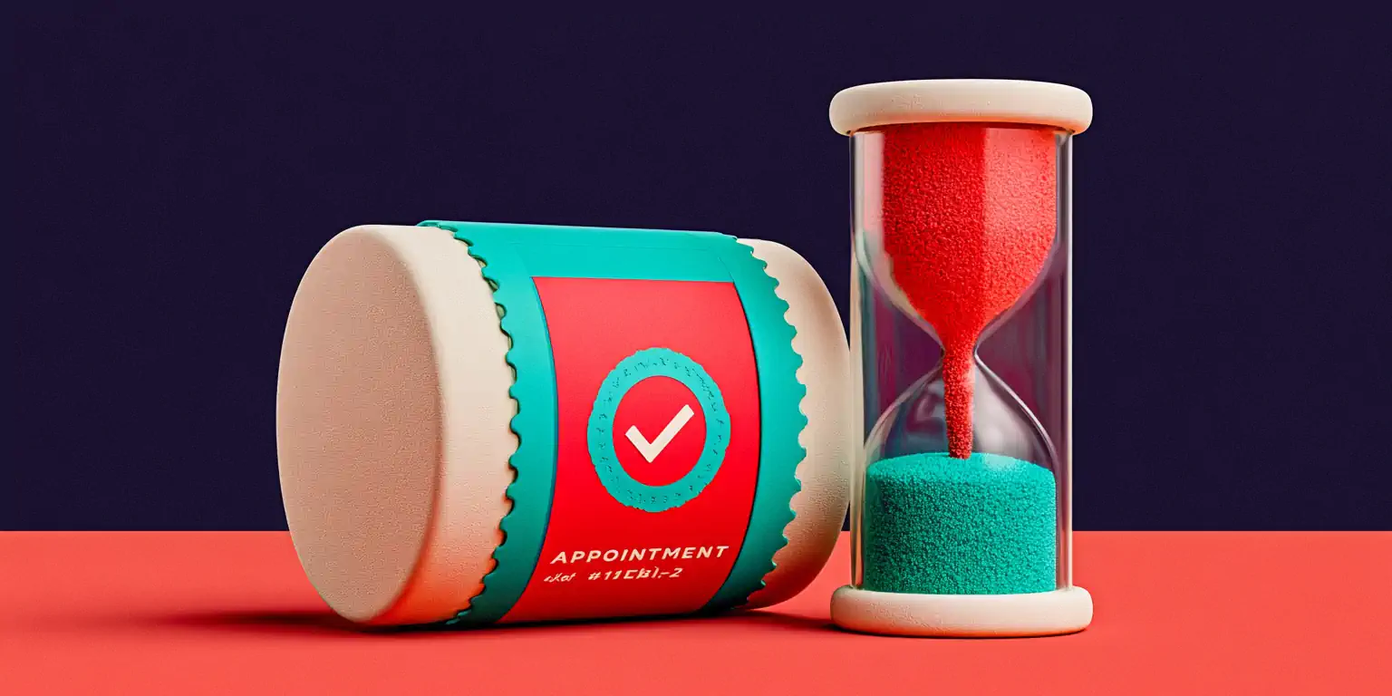 Turning a missed call into an appointment: a coral thread runs out of a clay phone and becomes a teal appointment card pinned to a calendar