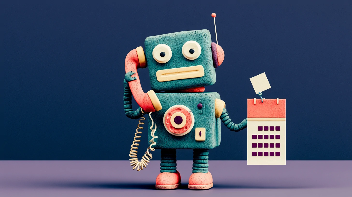 An AI agent turns a missed call into an appointment: a coral clay phone handset picks up instantly with a teal flash of response