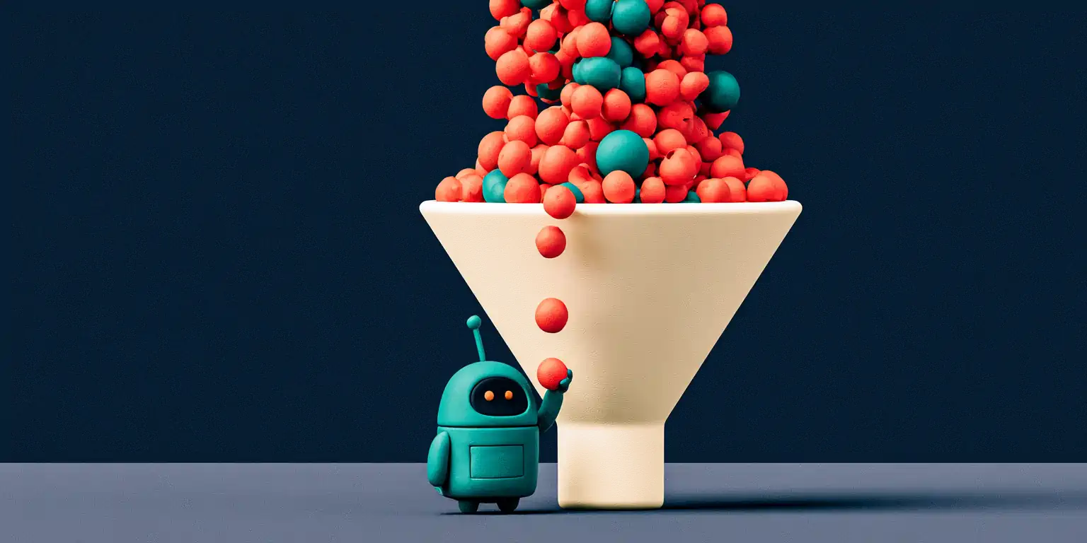 Too many leads pouring in as spheres through a coral funnel where an AI calmly triages them and passes only the priority ones to a human hand