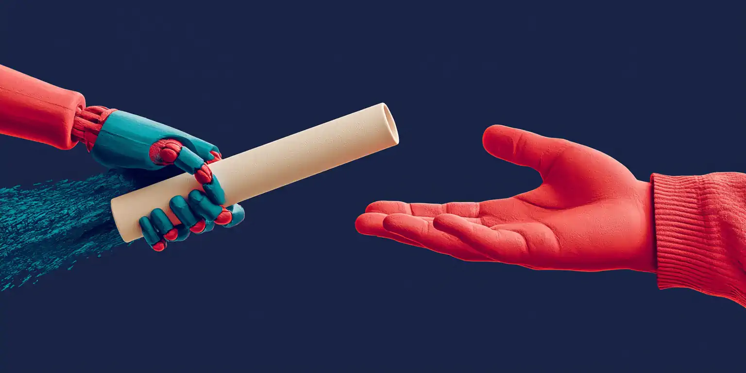 The right to talk to a human (GDPR Article 22): a matte-clay human hand and an AI voice wave high-five at a coral handoff point, on a navy background