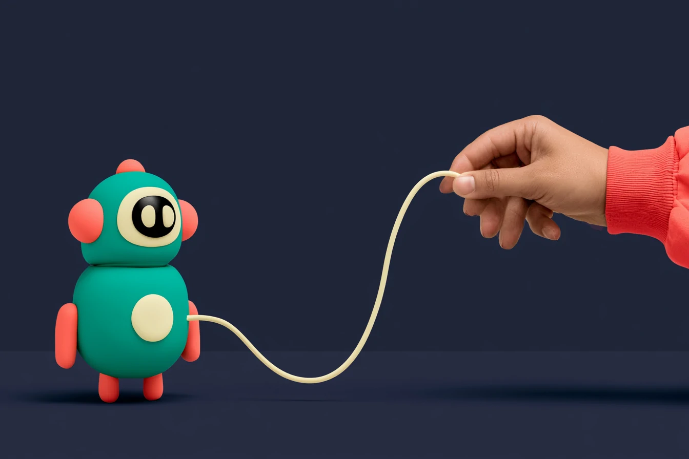 Warm handoff: a matte-clay relay baton passes from an AI voice wave to a human hand with a coral trail, illustrating one-click human intervention on a navy background