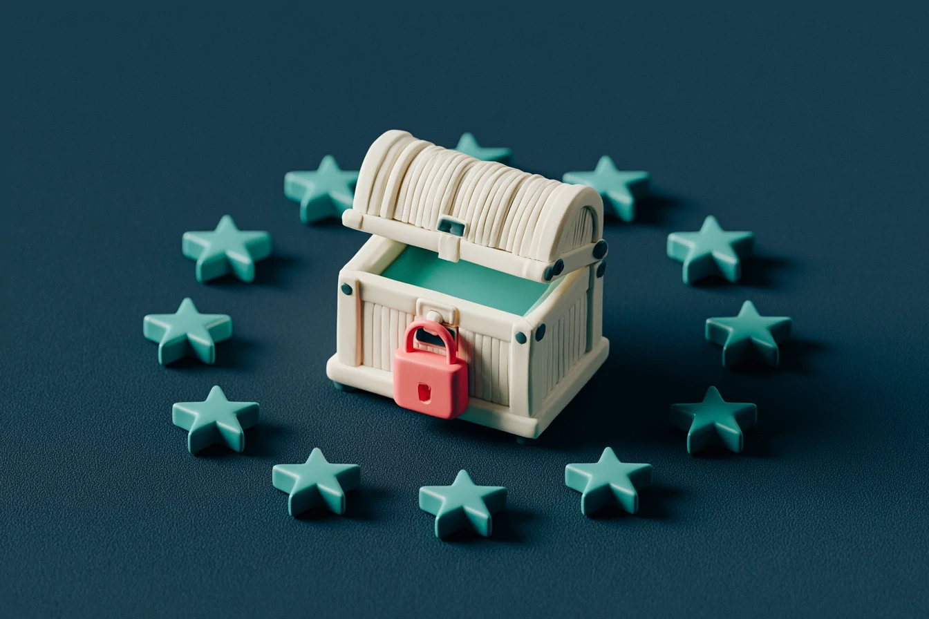 EU data residency: a matte-clay data chest kept safe inside the European Union's teal ring of stars