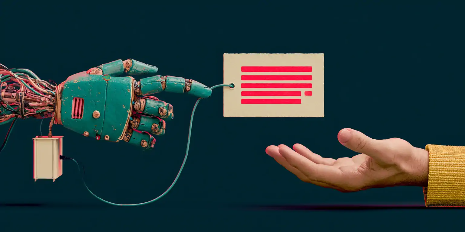 AI to write follow-up messages: a coral pen writes on a teal message card fed by a bone-colored knowledge-base filing cabinet, editorial-clay style on a navy background