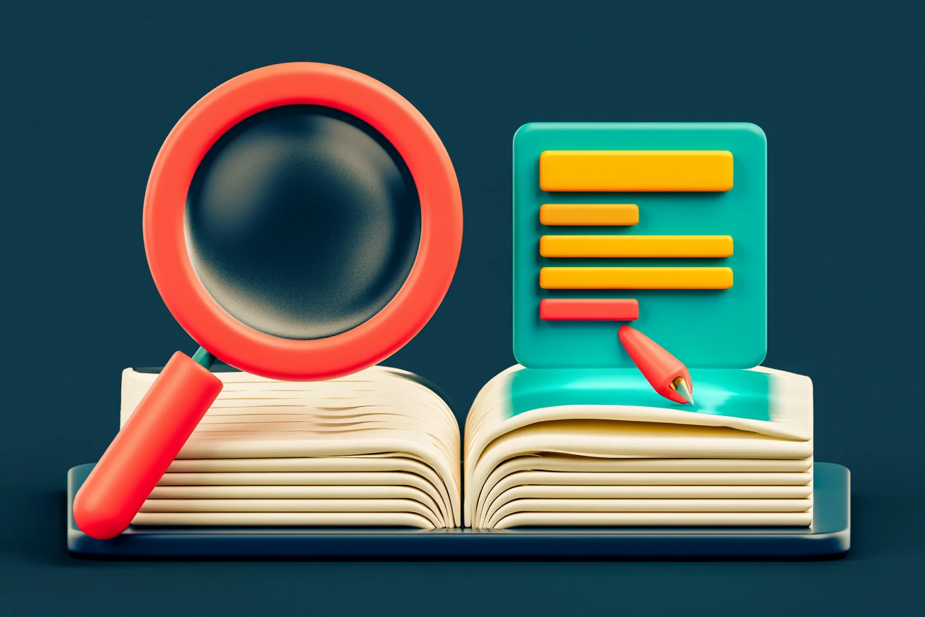 RAG in action: a coral magnifying glass retrieves a bone-colored data card from a teal knowledge-base filing cabinet that feeds the follow-up message draft, editorial-clay style on a navy background