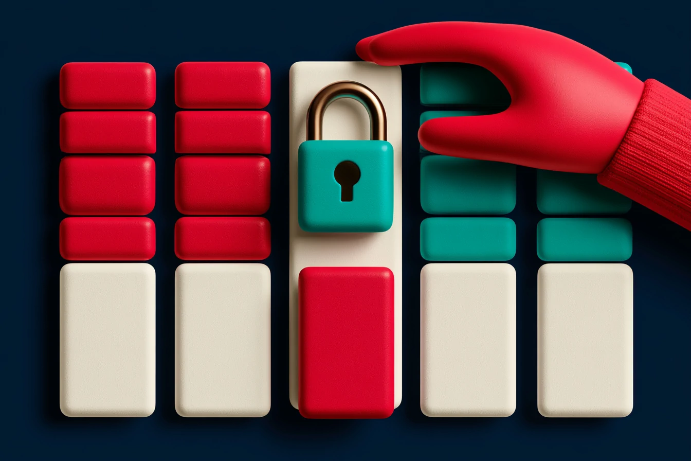 Pipeline control: a clay hand sets a teal padlock on a locked stage of the board while the coral lead card waits for human sign-off