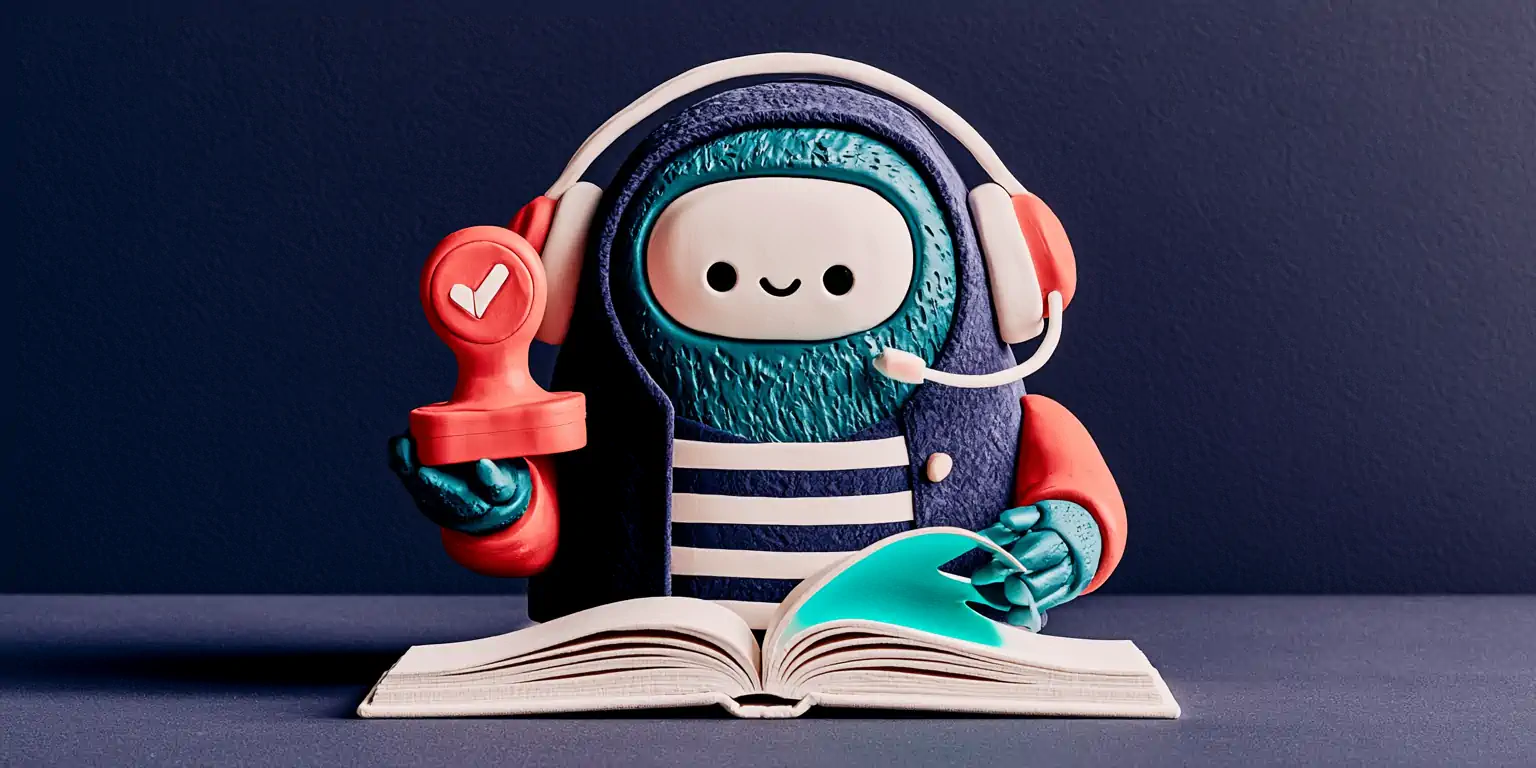 How to train an AI receptionist: a voice assistant tuning itself with pieces of your knowledge base fitting together like gears, in coral and teal on a navy background