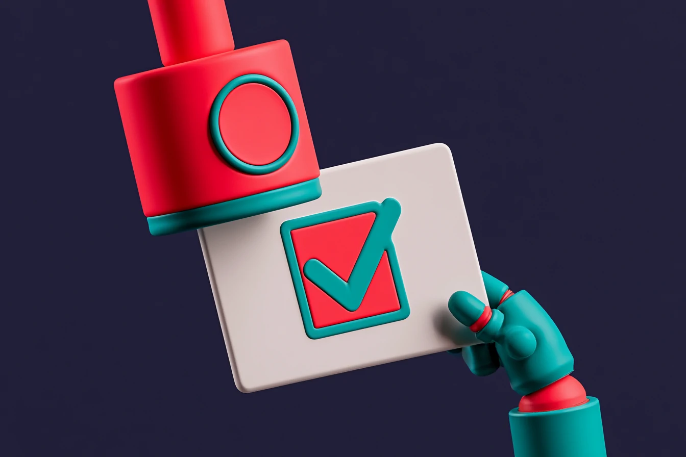 Continuous improvement of the AI receptionist: a draft follow-up message with a coral approve button under the control of a hand