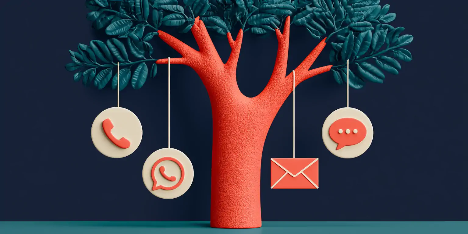 Franchise CRM: a matte-clay tree with a central coral node (HQ) connected to four teal nodes, each branch with its own WhatsApp and calls channel icon