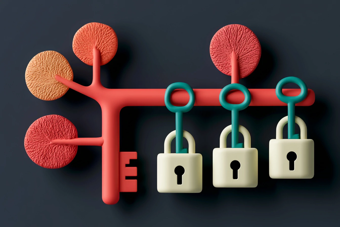 Per-location permissions in a franchise CRM: a coral master key in matte clay opens several teal locks, one per site, on a navy background