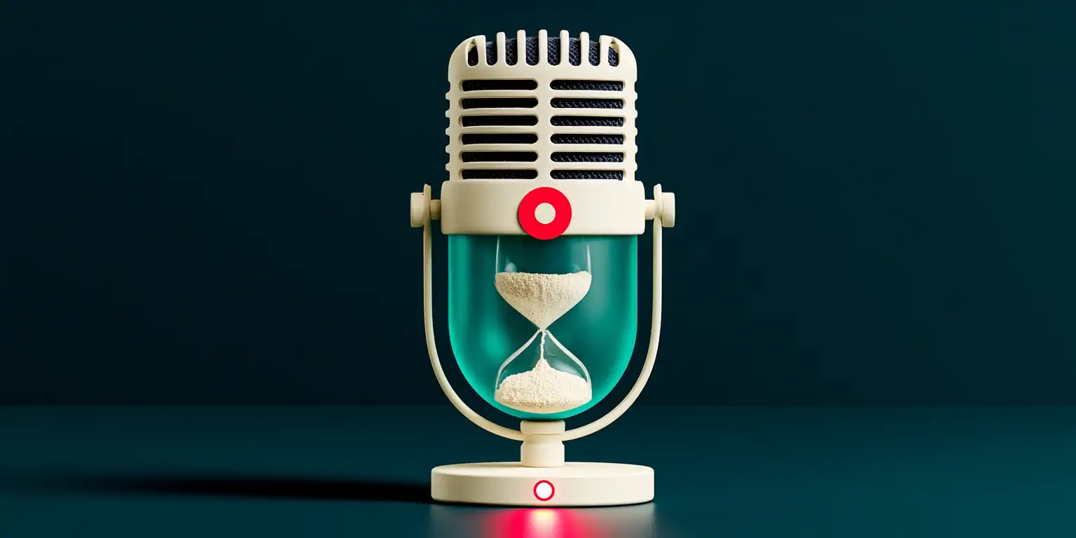 A matte microphone beside a teal hourglass on a navy background: recording calls with AI with data retention that expires, done the right way