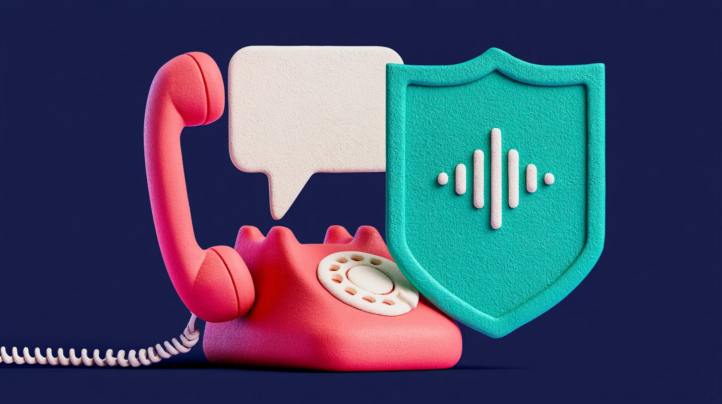 A voice wave from an AI call being transcribed into a text card, with a teal shield for the recording and AI notice at the start, on a navy background