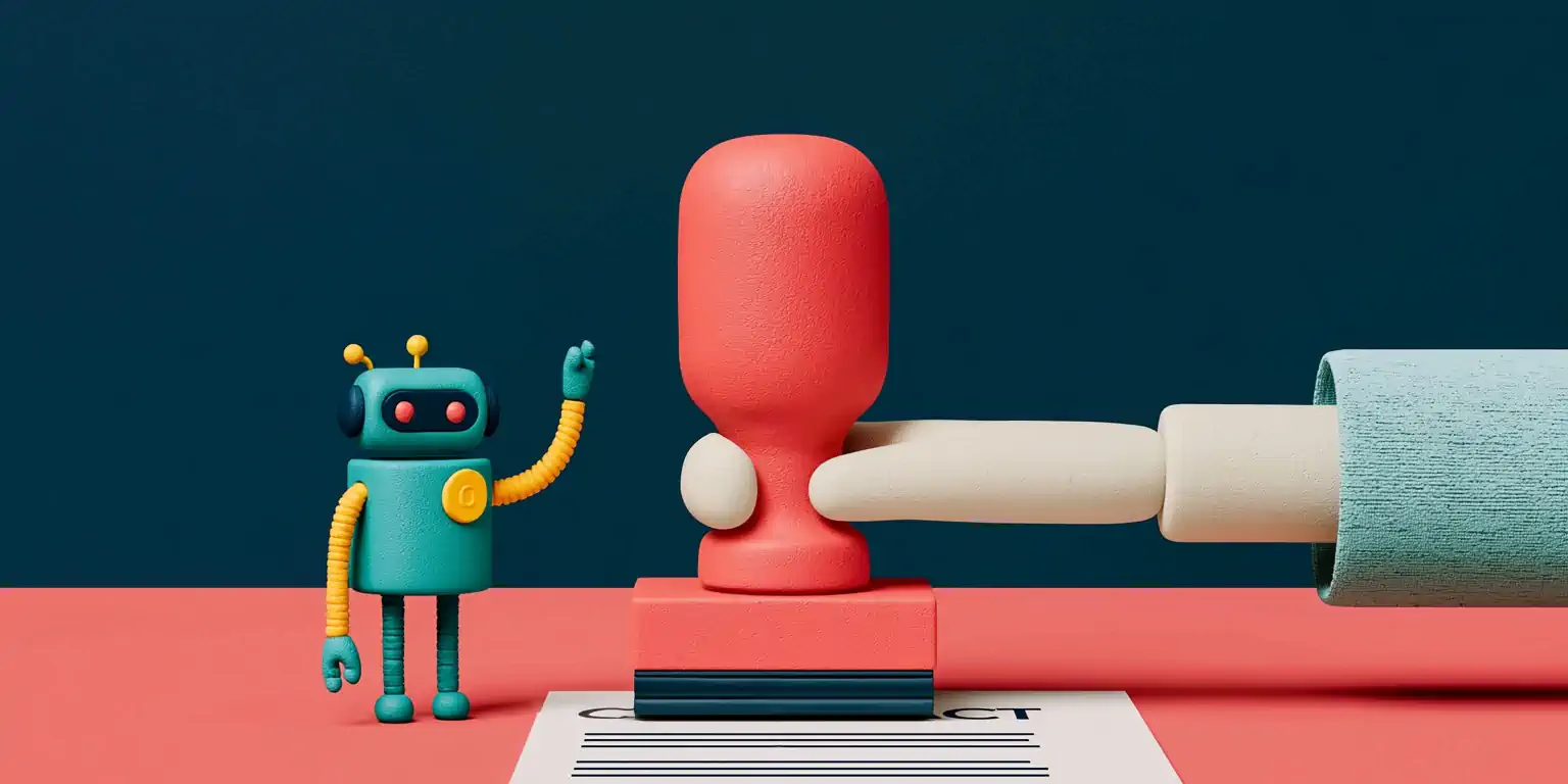 Data controller vs. processor with AI: a coral figure carries a controller's seal while another holds an AI toolbox, on a navy background