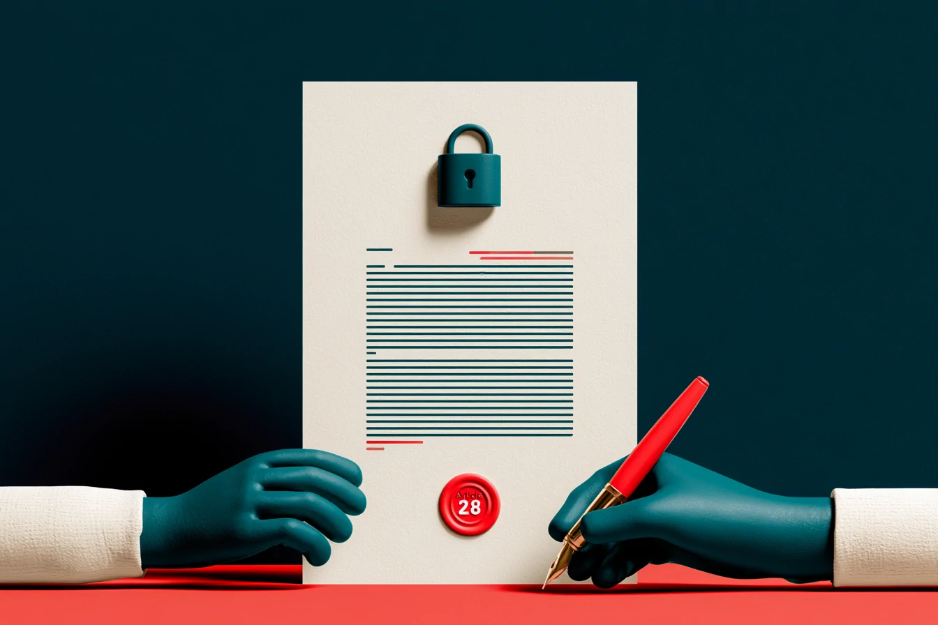 Data processing agreement (DPA) under GDPR article 28, sealed with a teal padlock and signed between controller and processor, on a navy background