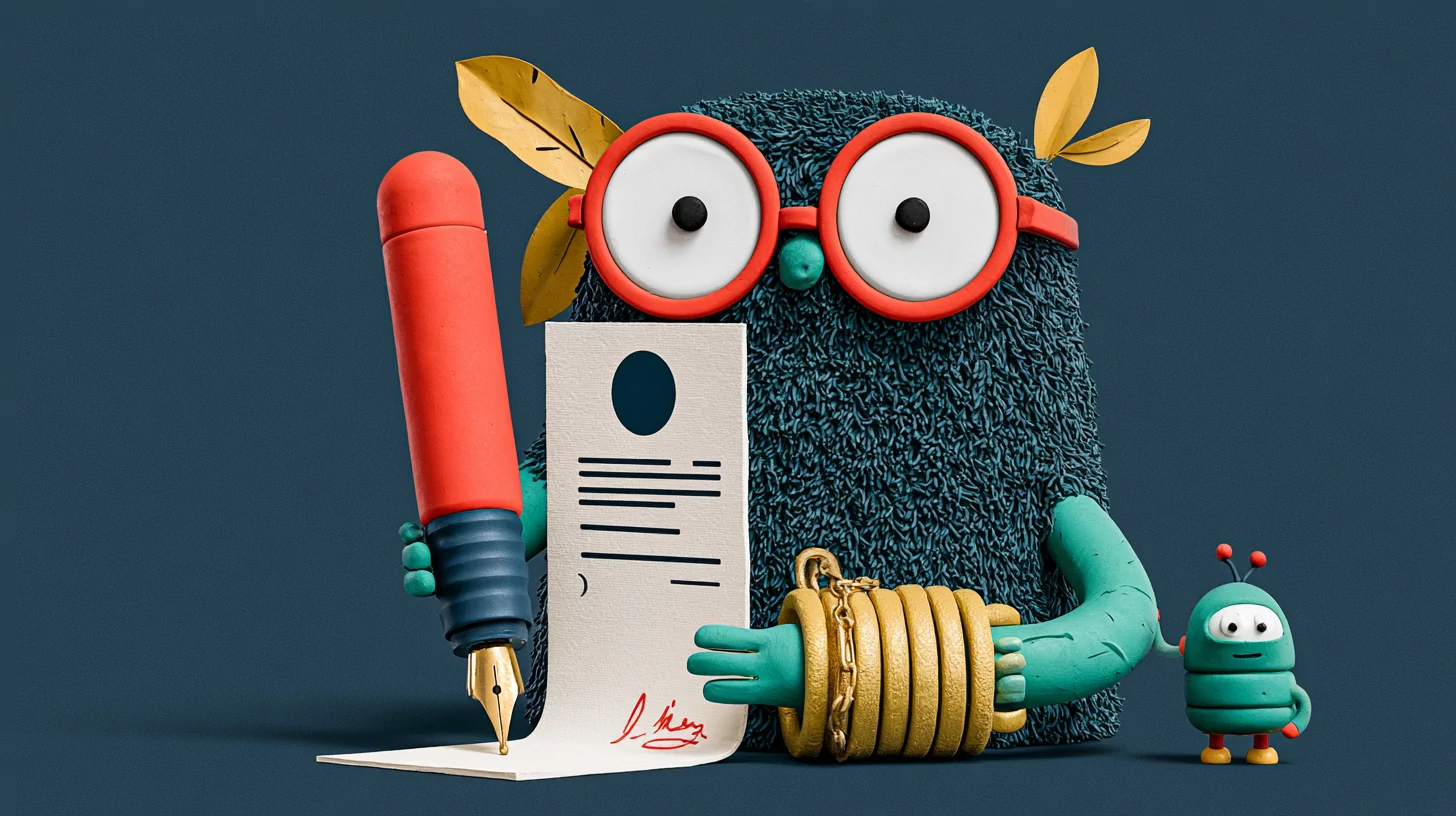 Data controller vs. processor with AI: a coral figure holds the controller's seal while receiving an AI toolbox from the processor, on a navy background