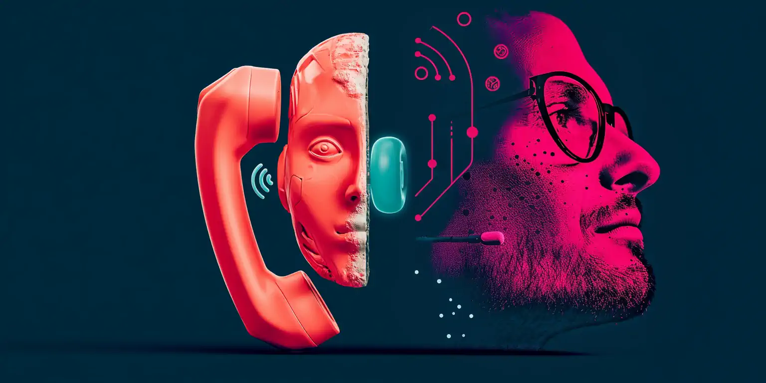 Hybrid AI and call center model: a coral AI hand and a human hand take turns in the same conversation with the customer