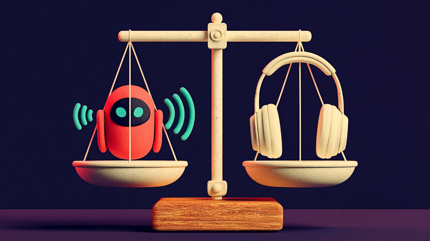 AI or a call center in balance: a scale with a coral AI node on one side and a call center agent's headset on the other, illustrating the hybrid model
