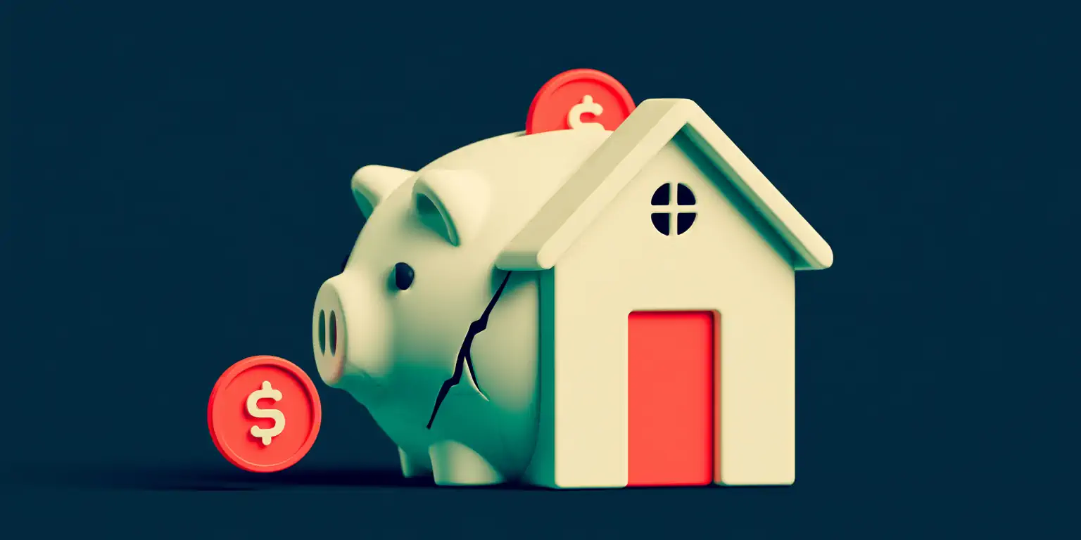 A coral for-sale real estate sign shedding lead-drops, the Zillow leads that slip away falling into a navy void