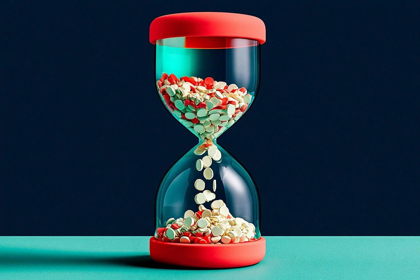 Coral hourglass whose grains are coins falling and vanishing into navy, the cost of every Zillow lead not answered in time