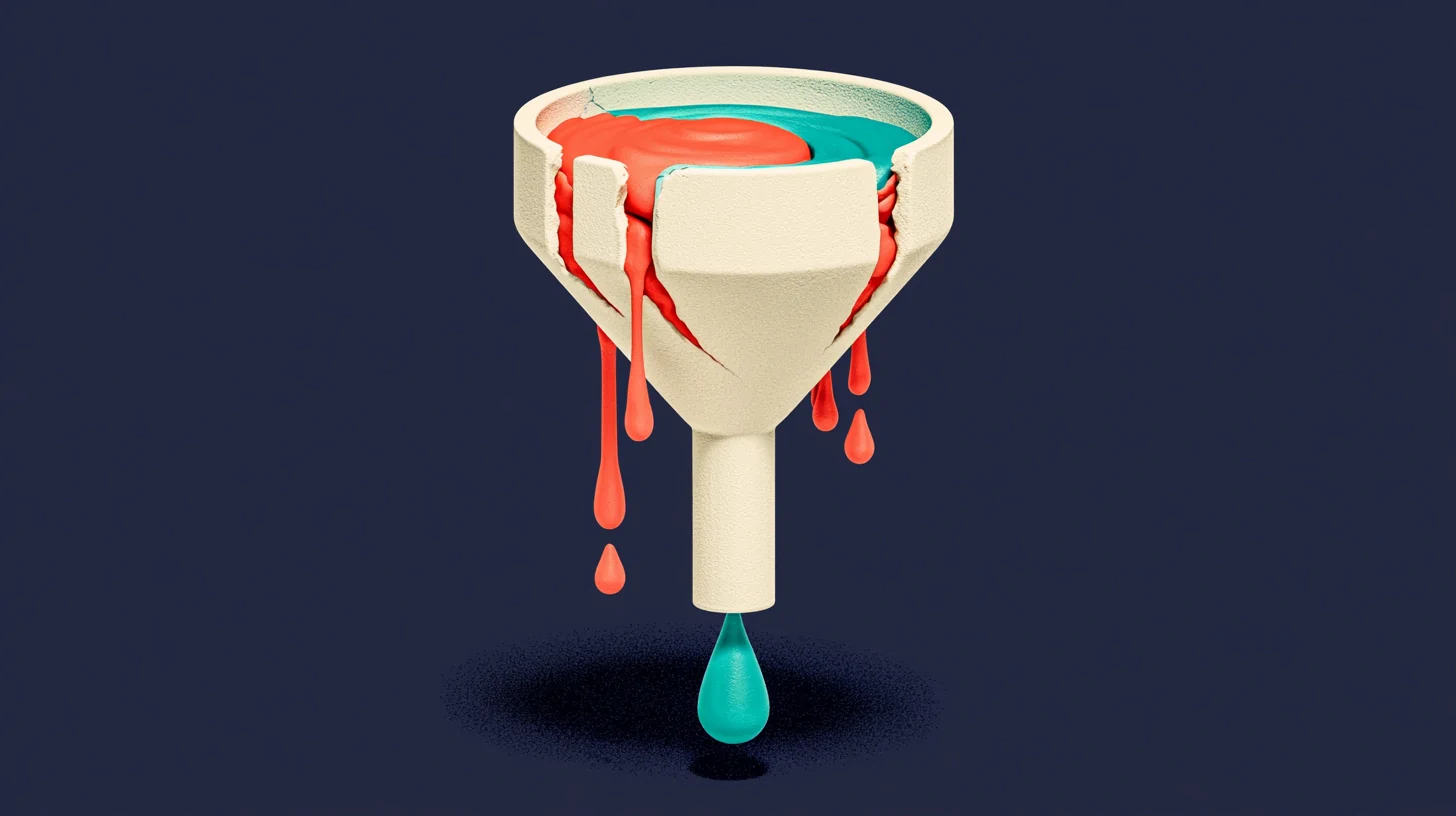 Coral funnel with four cracks —speed, after-hours, follow-up and duplicates— through which Zillow leads escape toward a navy background