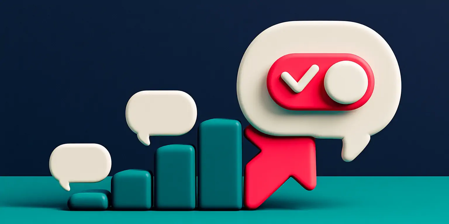 Appointment reminder schedule: three message bubbles staggered along a rising timeline, the last one with a coral yes/no toggle, on a navy background