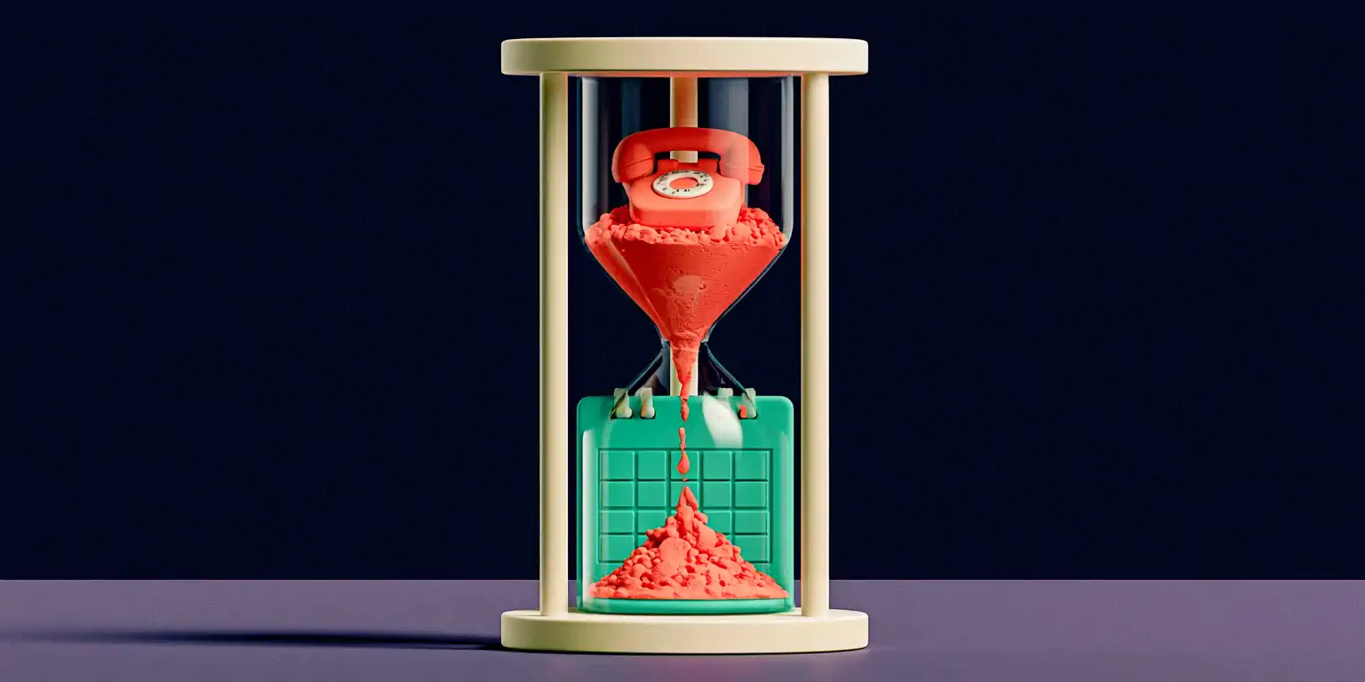 A missed call shown as a ringing matte 3D phone with a coral thread running to an empty calendar slot (a no-show), on a navy background
