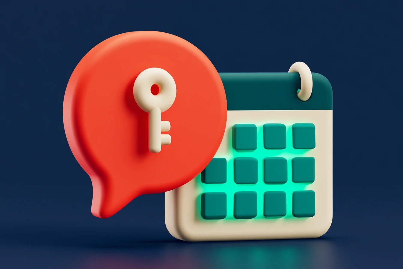A single continuous coral thread joins a matte 3D phone (the answered call) to a calendar slot marked with a teal check (the confirmed appointment), on a navy background