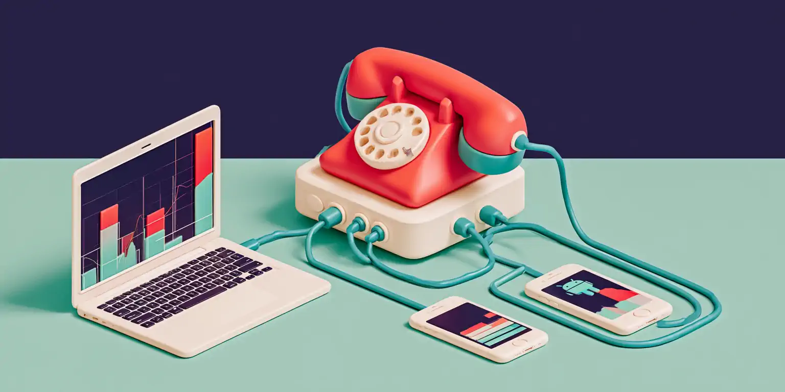 Answering your business calls on your phone and computer at once: a coral ringer connected by teal threads to a laptop and two phones, iOS and Android, buzzing in unison on a navy background