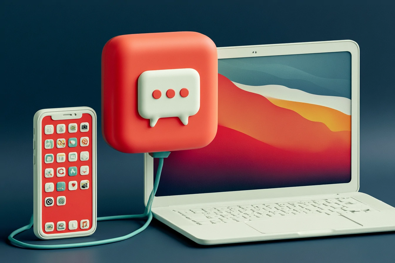 Starting the call on your phone and continuing it on your computer: a coral conversation bubble moves from an iPhone screen to a laptop screen, joined by one continuous teal thread on a navy background