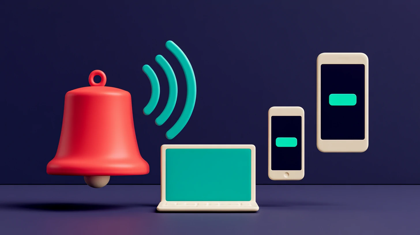 Answering the business call on your phone and computer at once: a single coral ringer with teal threads running out to a laptop, an iPhone, and an Android buzzing in unison on a navy background