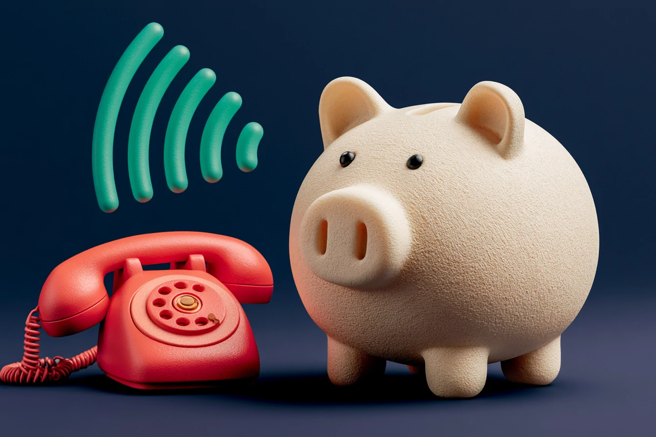 A phone next to a flat monthly plan with a bundle of included minutes and messages, editorial-clay illustration