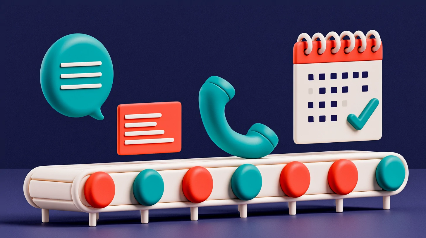 A CRM Kanban board with a lead card advancing across columns, pushed by combined WhatsApp and call icons, editorial-clay style
