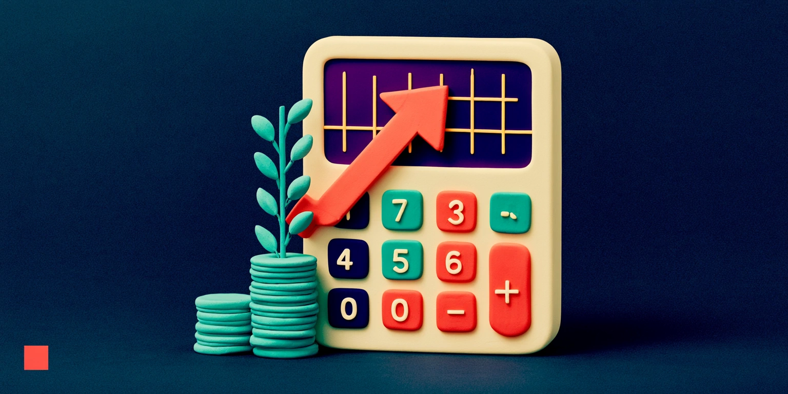 Matte coral clay calculator for calculating an AI receptionist's ROI, with a paper tape that curls up and becomes a rising arrow, on a navy background