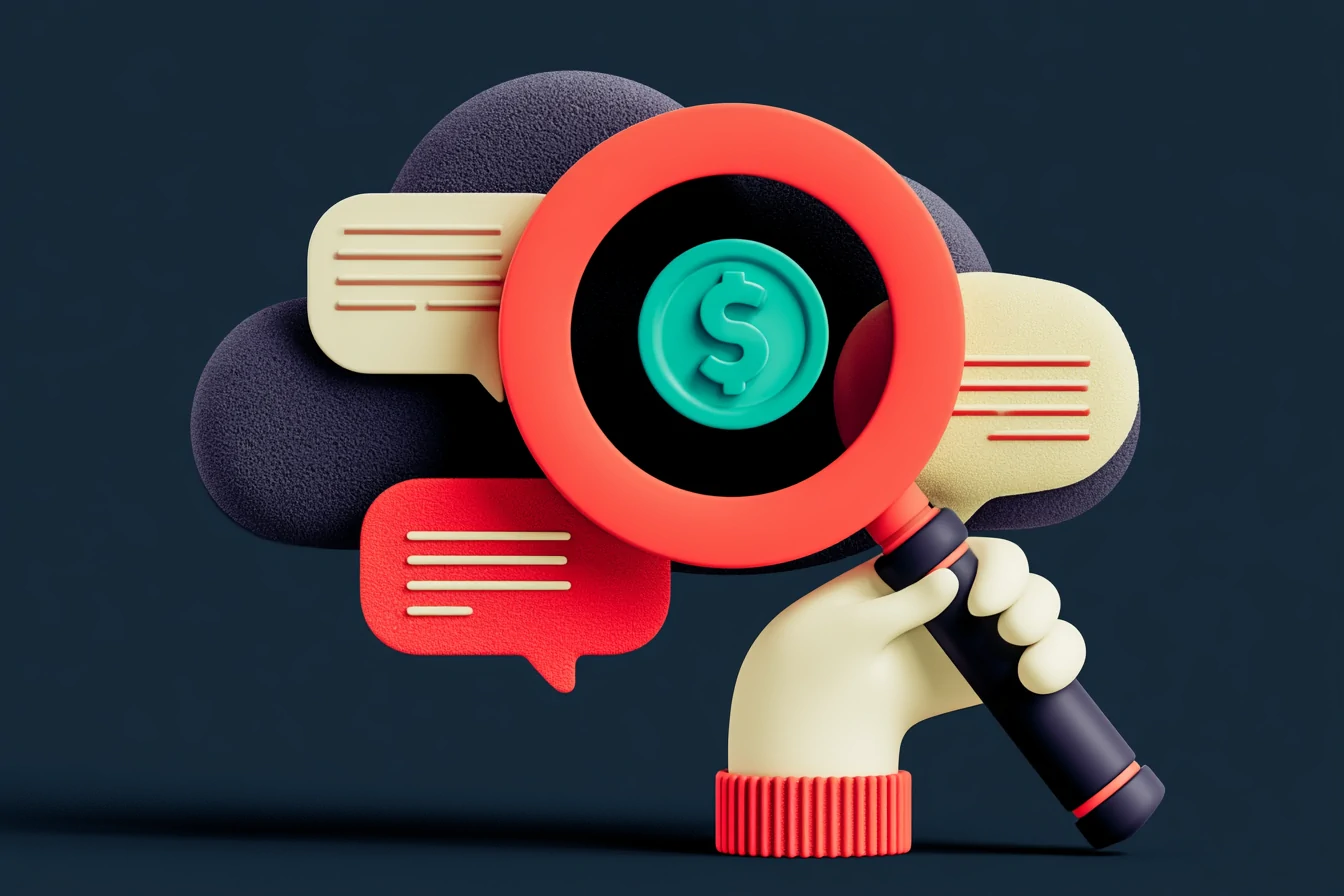 Matte coral clay magnifying glass over a teal 'booked appointment' tag — the metric that actually counts for an AI receptionist's ROI — while gray message bubbles that are a vanity metric fade away