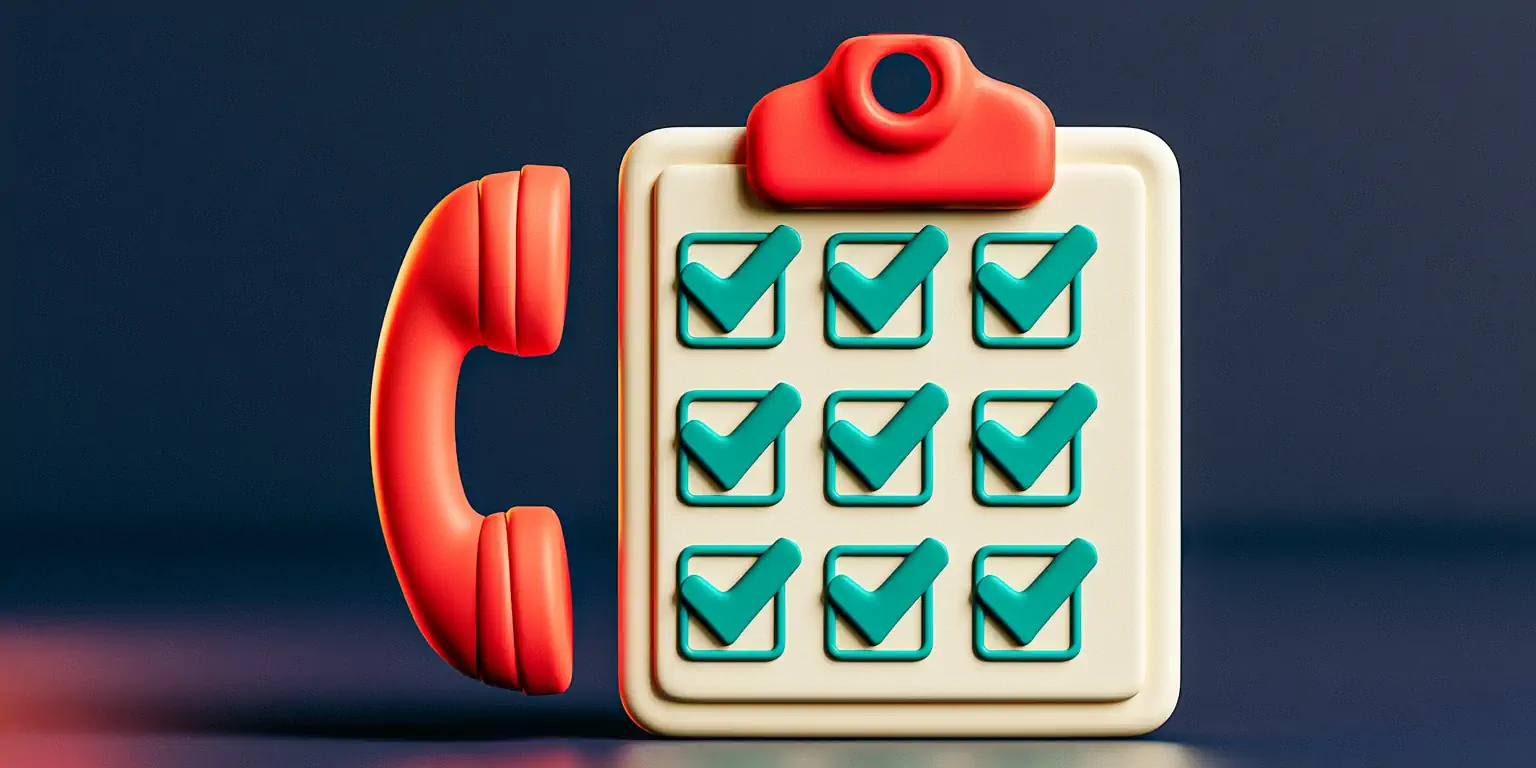 Coral magnifying glass reviewing a checklist for choosing an AI voice agent for a small business, with teal marks on a navy background, matte clay style