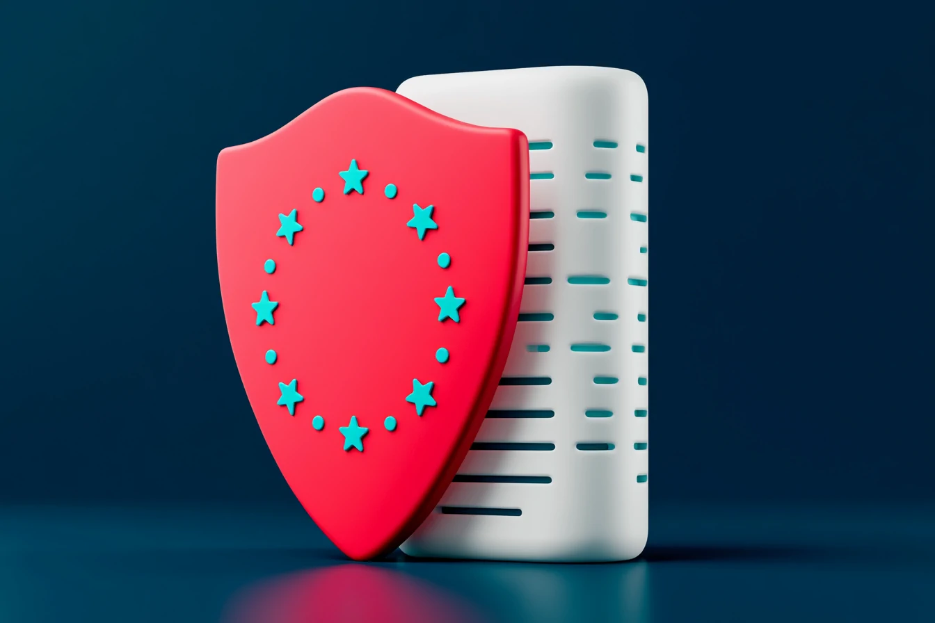 GDPR and AI Act compliance for an AI voice agent: a coral shield with teal EU stars protecting a data server on a navy background, matte clay style