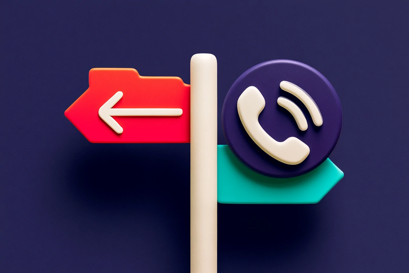 Choosing a CRM for a small business: a matte-clay balance scale with a folder stamp (organizing) on one side and a WhatsApp clock (reaching in time) on the other, balanced on a navy background