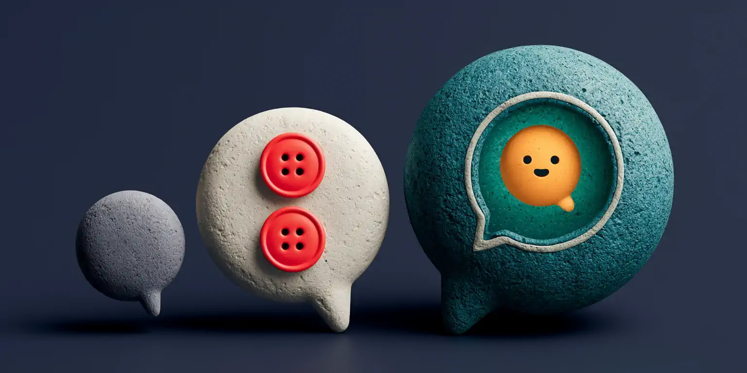 A staircase comparison of chatbot vs AI agent on WhatsApp: an auto-reply stamp, a chatbot button menu, and an AI-agent brain-bubble, on a navy background with a coral accent growing toward teal
