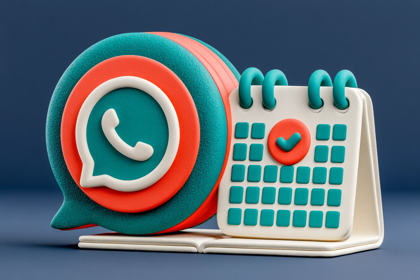 An AI agent on WhatsApp in action: a chat bubble turns into an appointment marked on the calendar, with a warm handoff passing the thread to a person on the team