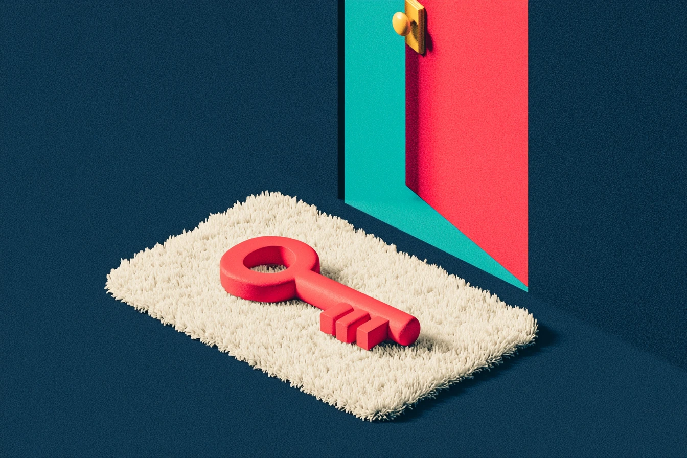 Annual plan with no lock-in: a matte-clay door left ajar beside a coral coin, on a navy background