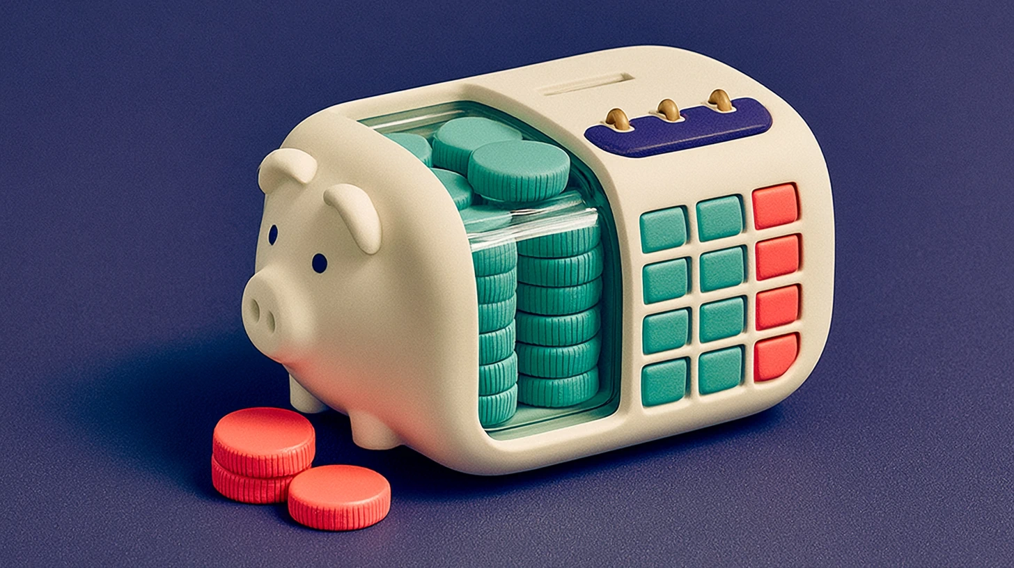 TotemAI monthly or annual plan: a matte-clay piggy bank shaped like a calendar with two tiles lit up teal, the two free months of the annual plan, on a navy background