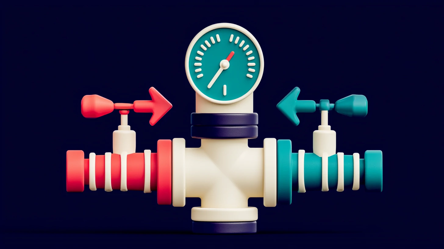 AI agent usage: three clay gauges—minutes, messages, and WhatsApp templates—rising with use, next to a coral dial marking the plan's spending cap
