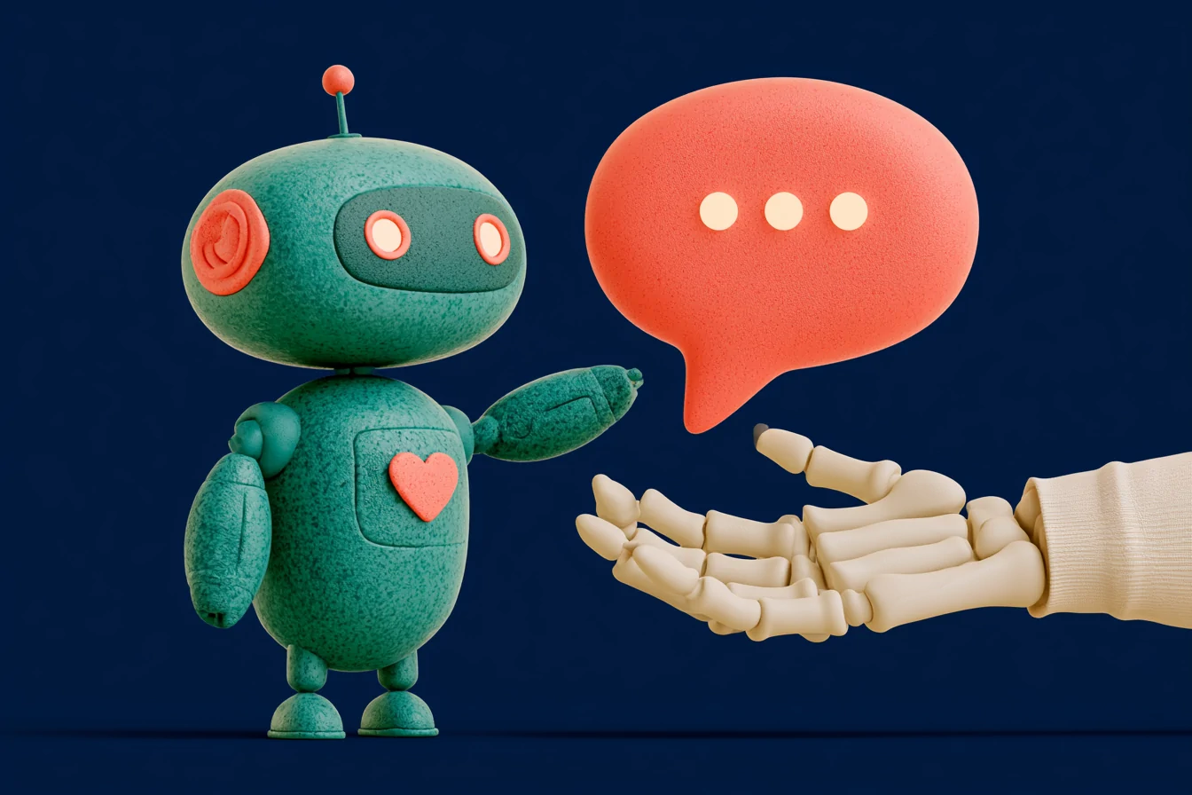 A teal AI voice agent warm-transferring a call to a coral human hand, with the customer's full context