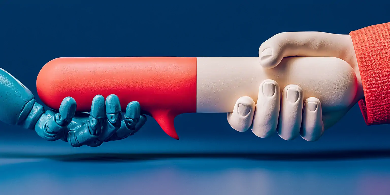AI-to-human handoff: two matte-clay hands, one teal and one bone, pass a coral speech bubble like a relay baton