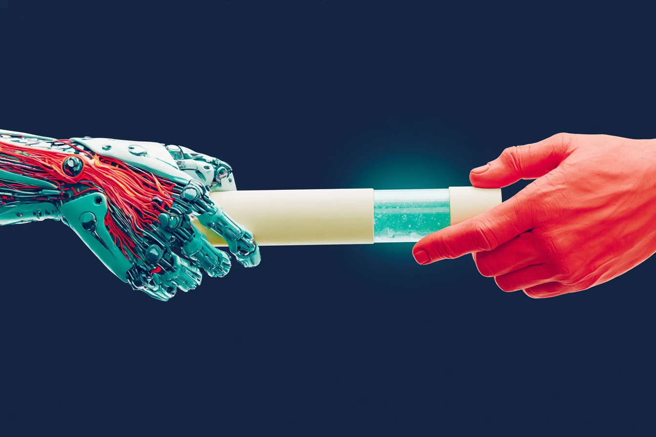 A warm handoff with context: a coral matte-clay relay baton passes from a teal hand to a bone hand without letting go, on a navy background