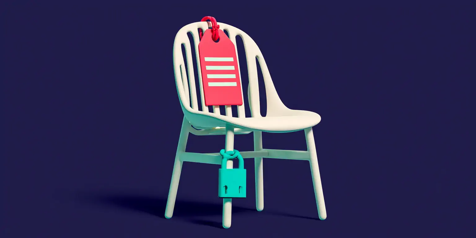 A matte 3D scale comparing a no-show fee and a deposit: a coral penalty ticket on one pan and a teal deposit padlock on the other, balanced on a navy background