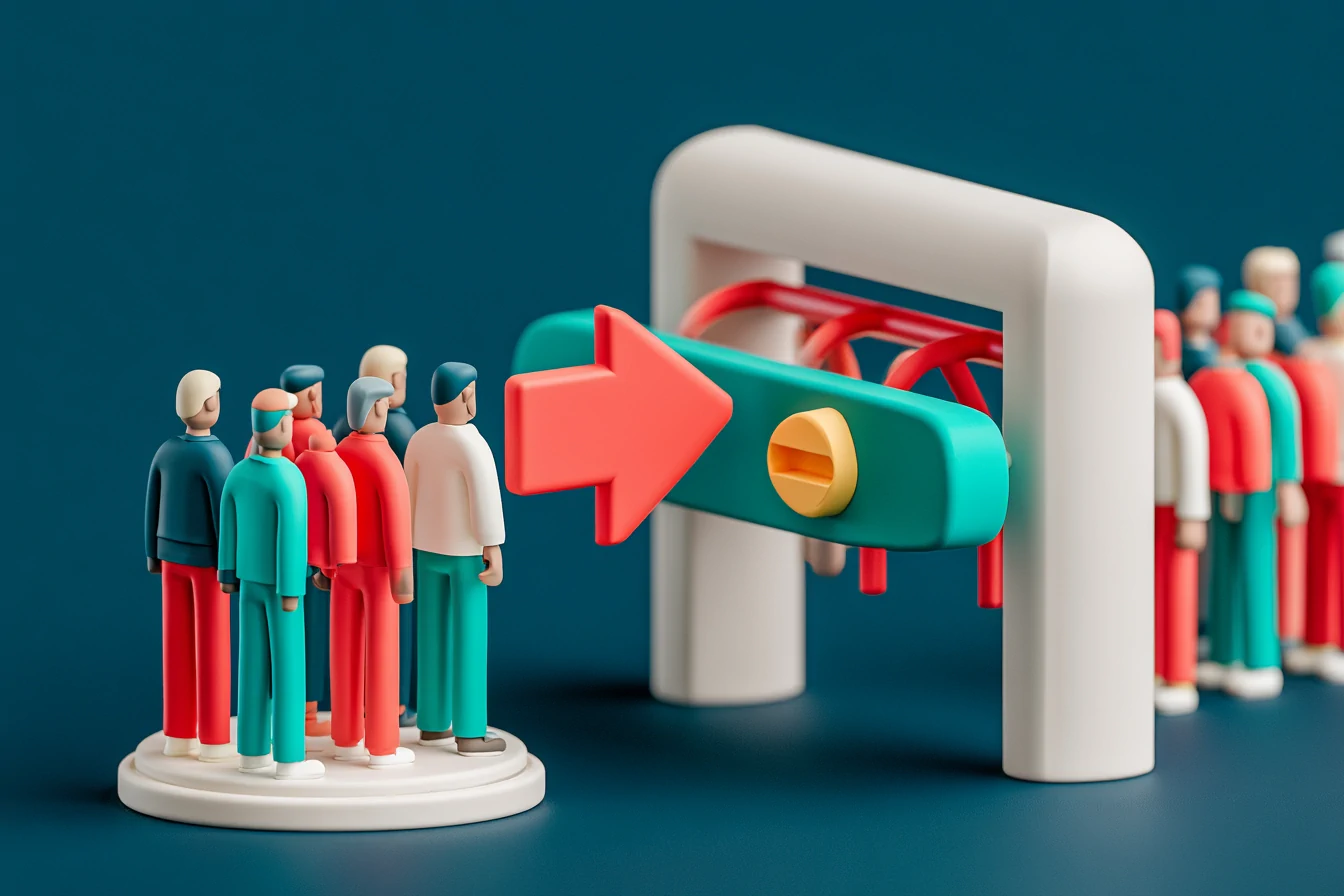 A matte 3D funnel where coral bookings enter but a teal wall of upfront deposit deflects several away, showing how the friction of charging scares off good bookings, on a navy background