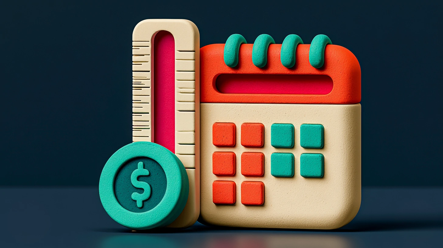 A matte 3D ruler measures the height of a coral calendar slot, with a teal deposit coin beside it, illustrating when a no-show fee or a deposit makes sense based on the slot's value, on a navy background